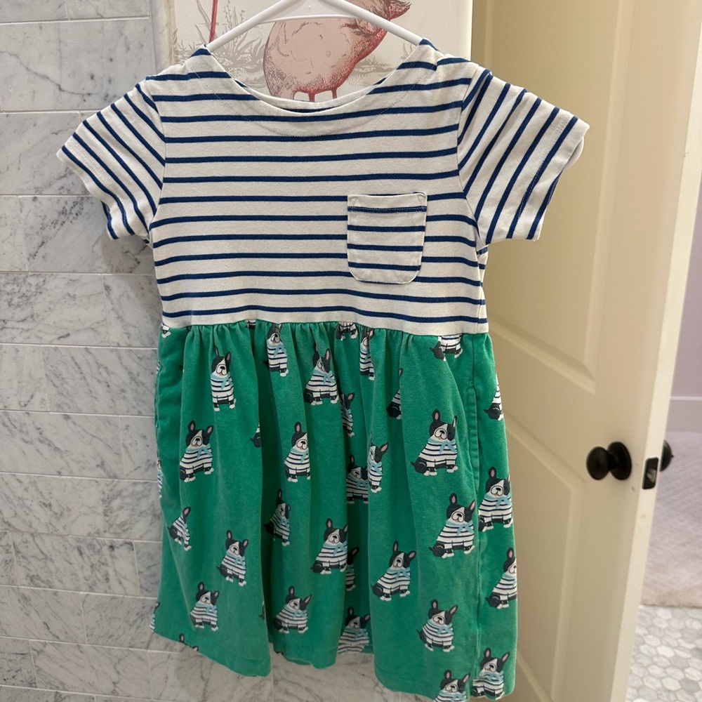 Mini Boden striped dress w frenchie dogs on skirt.